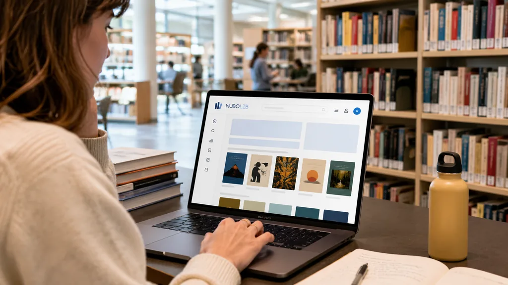 Immagine generata con IA: studentessa che consulta il catalogo online dal proprio portatile, seduta in una sala studio della biblioteca